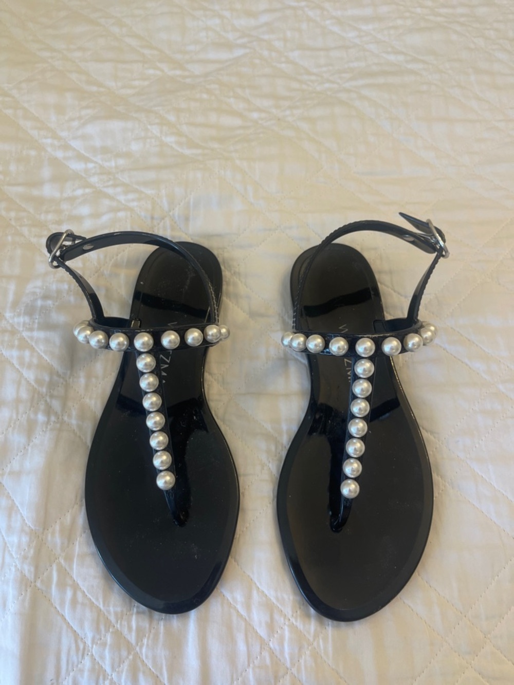 Stuart Weitzman Black T‑Strap Sandals with Pearl Accents